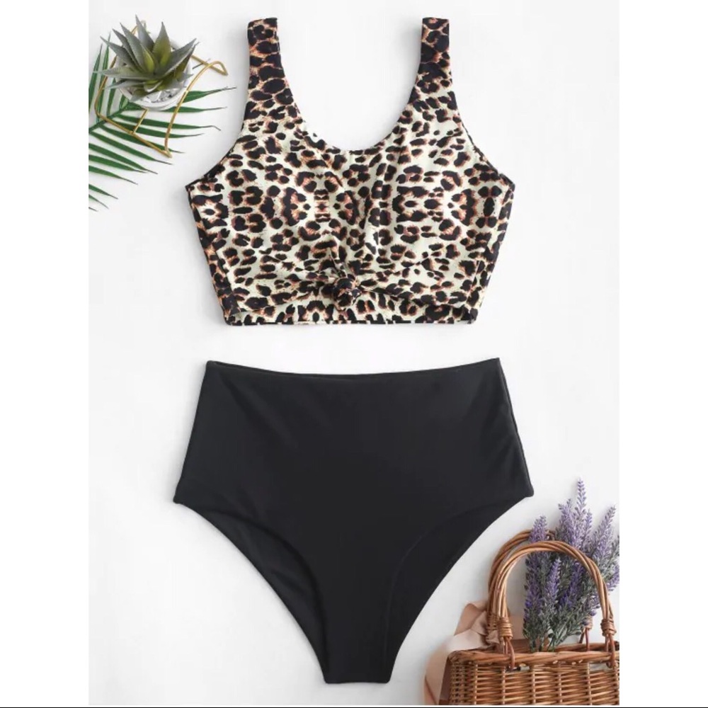 ZAFUL Animal Print Knotted High Waisted Tankini
